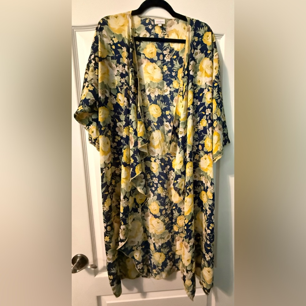 LuLaRoe Sheer Lightweight Navy Yellow Floral Draped Kimono
